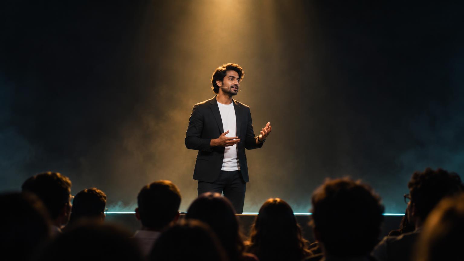 A young founder pitching a startup idea to an audience at a live demo day