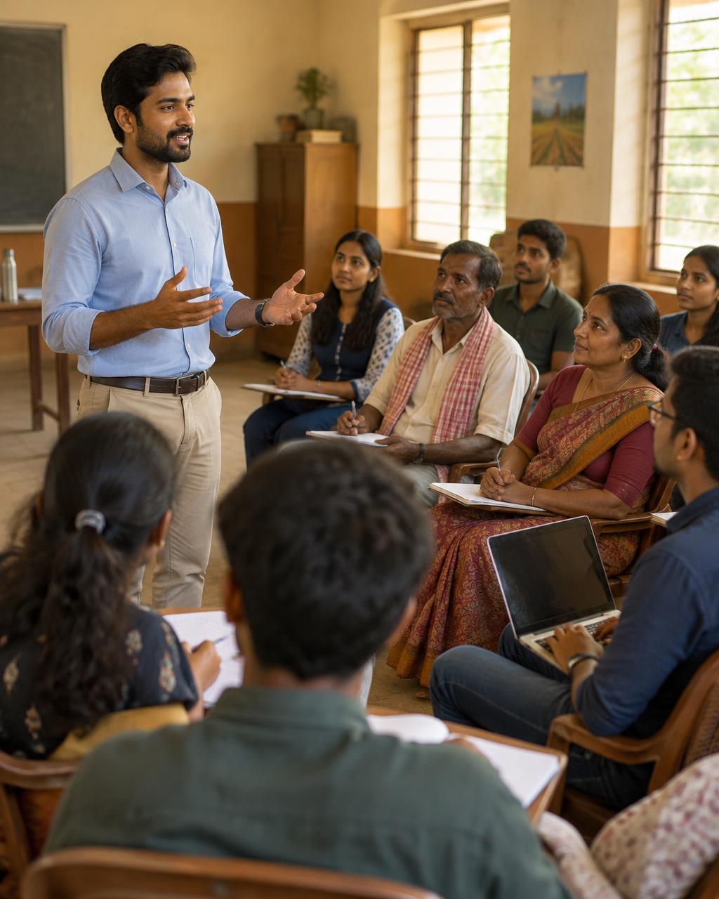 A trainer teaching a mixed audience of students, farmers, professionals and small business owners