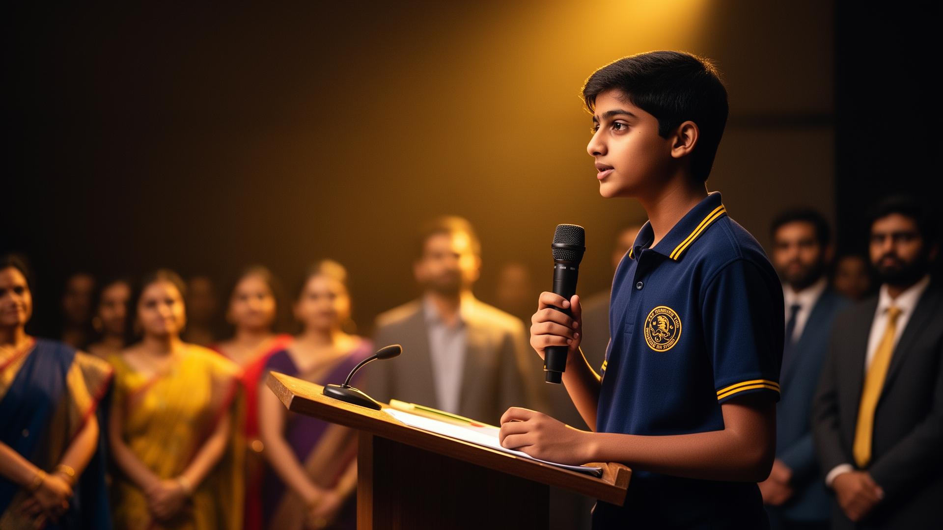 A school student confidently pitching a business idea on stage at the bootcamp Pitch Day