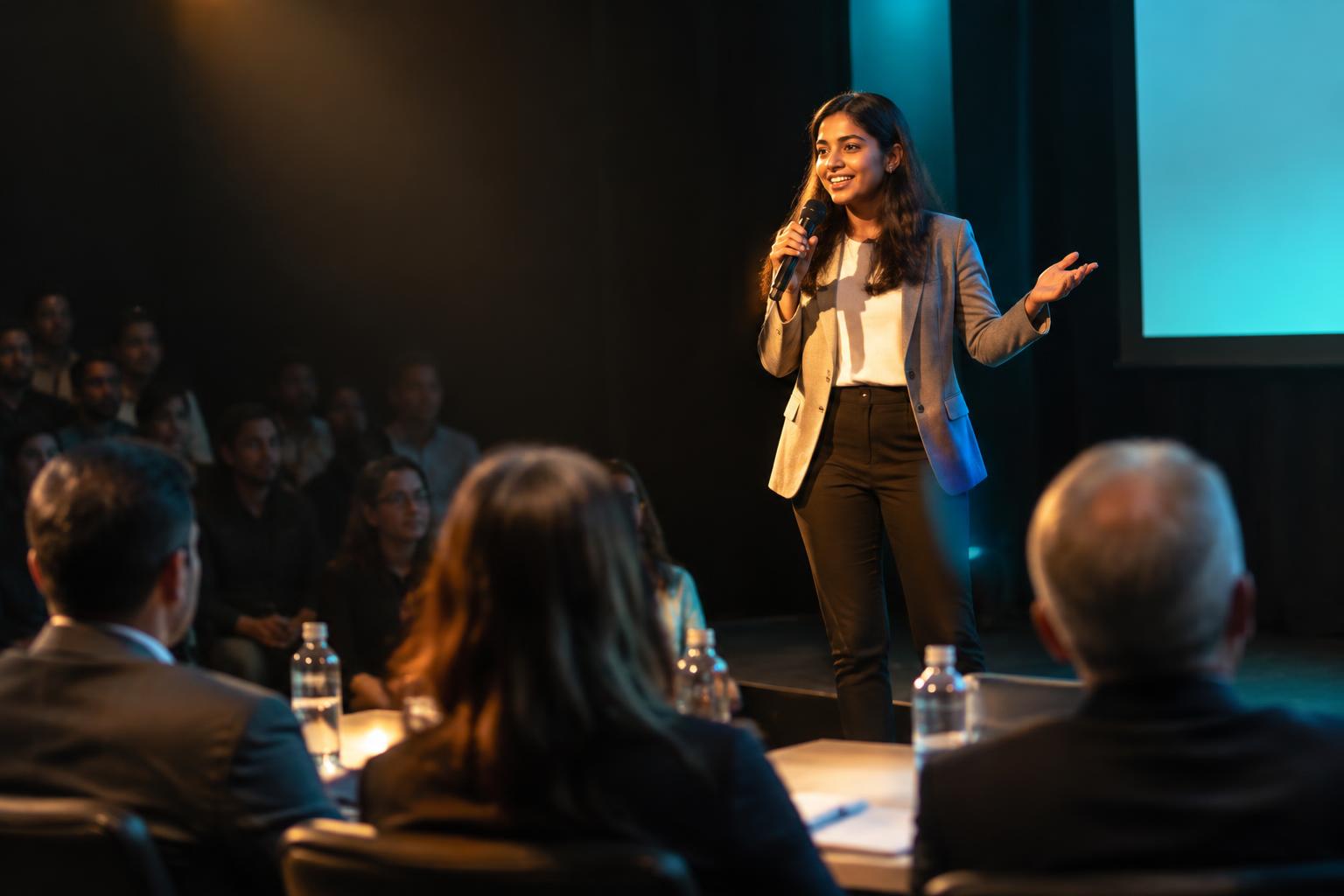 A young founder confidently pitching an original business idea on stage before a judges' panel at the Grand Pitch Day